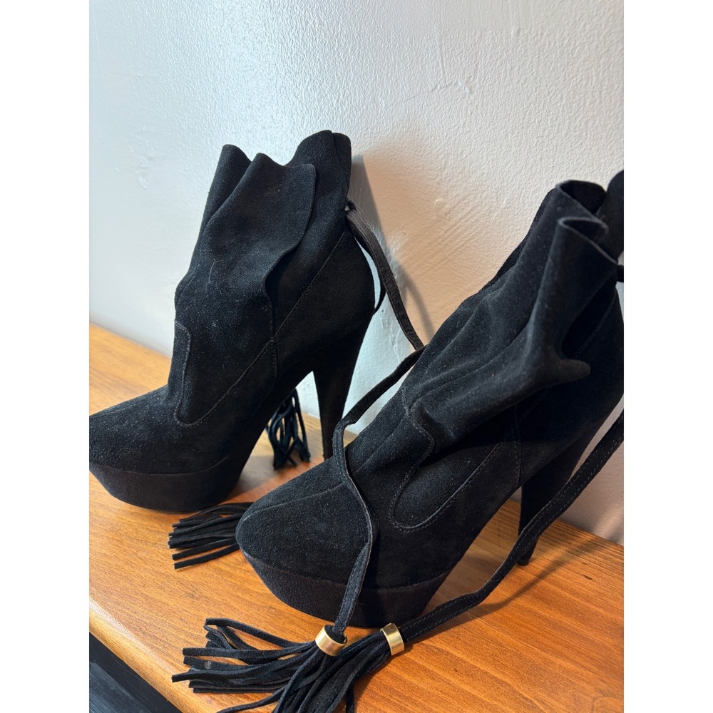 Colin Stuart Black Suede Platform Ankle Boots Tassel Tie Stiletto Booties Womens